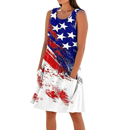 4Th Of July Outfits For Women Western  American Flag Casual Tank Sundress With Pockets Boho Beach Tshirt Dresses Floor Length Formal Womens Black Dress Shoes Dresses Cocktail (XL  Red) ZMTing