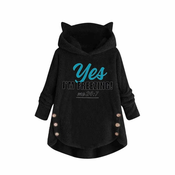 WXLWZYWL Womens Christmas Hoodies Fleece Cute Cat Ear Hooded Loose Sweatshirt Xmas Graphics Printed Fuzzy Warm Long Hoody Jumper Button Down Pullover Fall Winter Coats