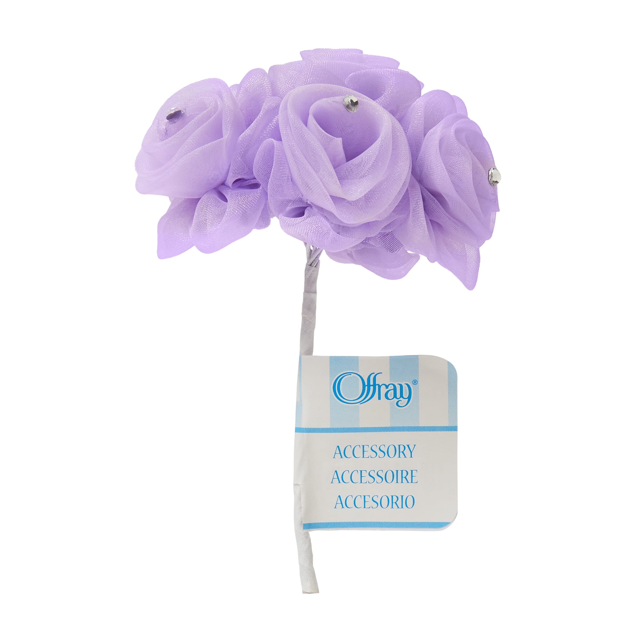 Offray Purple 6 Small Sheer with Gem Center Flower Cluster features a wire that allows for easy fastening to headbands, hair clips and other crafts, 1 Each