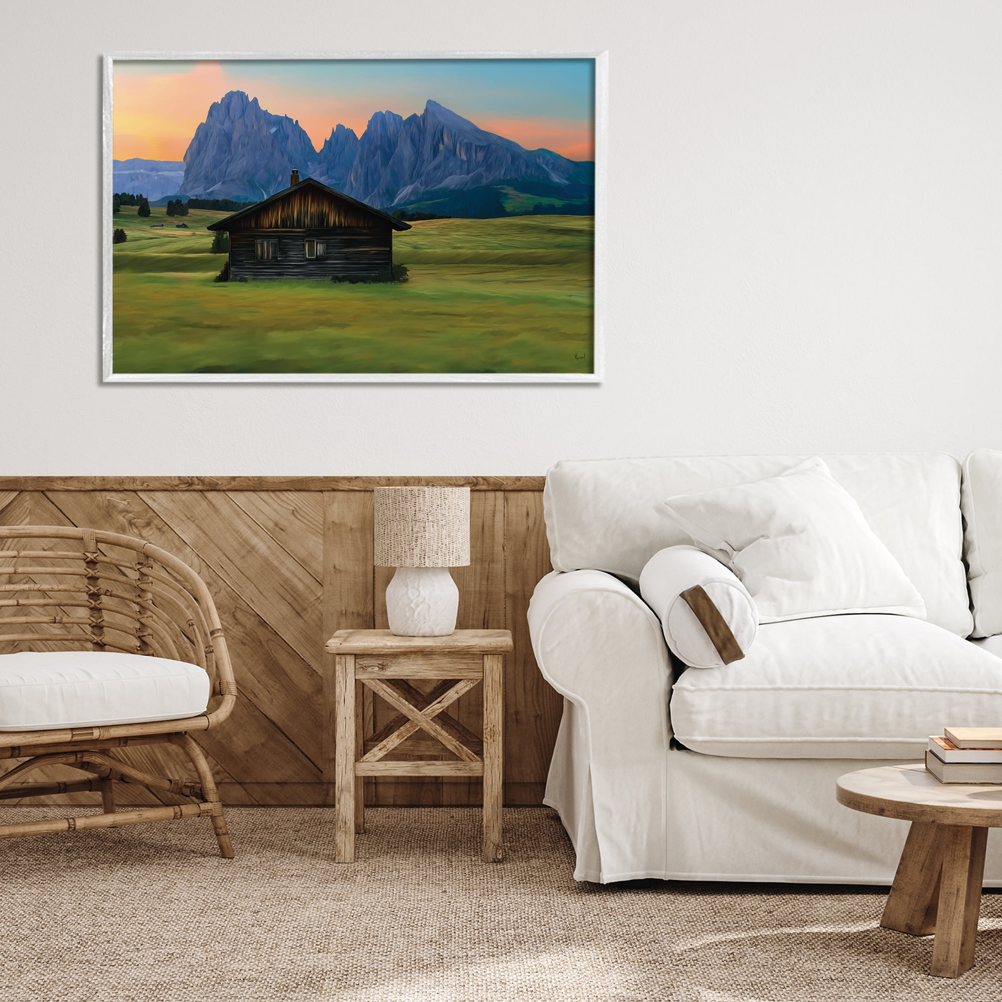Stupell Industries Solitary Cabin with Looming Cliffs White Framed Giclee Art, design by Renel Peters