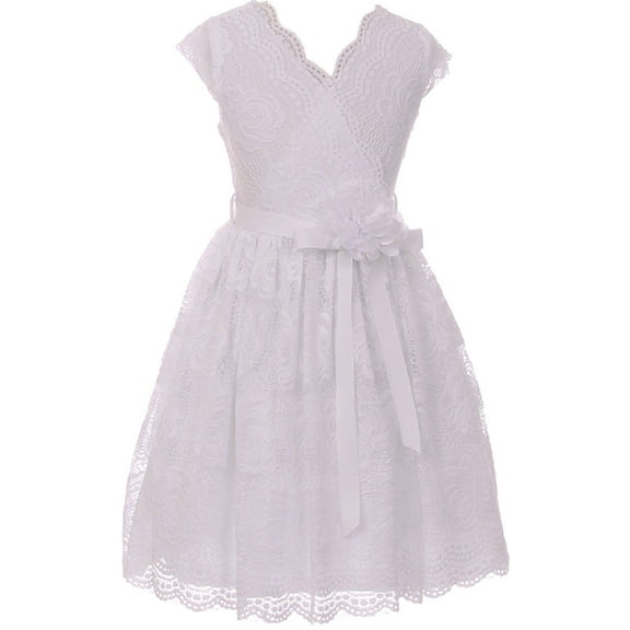 Little Girl Cap Sleeve V Neck Flower Stretch Lace Corsage Casual Party Dress (20JK66S) White 2