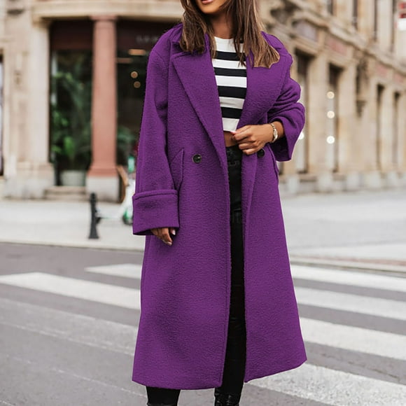 Simua Womens Notched Lapel Collar Double Breasted Coat Winter Wool Blend Over Coats Long Jackets