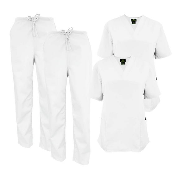 M&M SCRUBS Women Scrub Set V-Neck Medical Scrub Tops and Drawstring Pants - Pack of 2 Set (White, XX-Small)