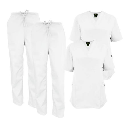 

M&M SCRUBS Women Scrub Set V-Neck Medical Scrub Tops and Drawstring Pants - Pack of 2 Set (White X-Small)