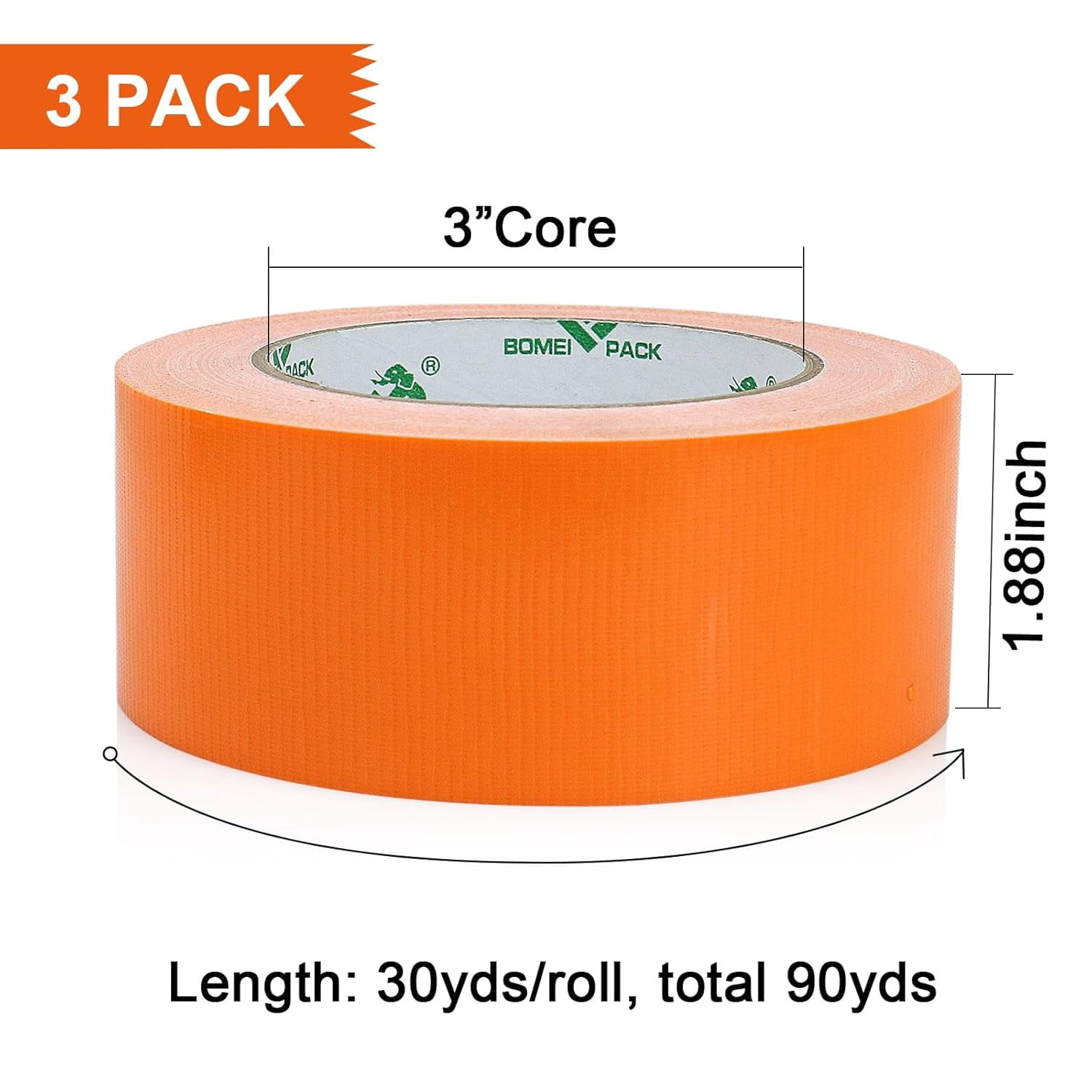Orange Duct Tape, 3Rolls Heavy Duty Strong Industrial Color Duct Tape 9mil x 1.88inch x 30yds for Packing and Repairing