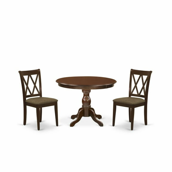 East West Furniture HBCL3-MAH-C 3 Piece Dining Room Table Set - Mahogany Wood Table and 2 Mahogany Linen Fabric Dining Room Chairs with Double X-Back - Mahogany Finish