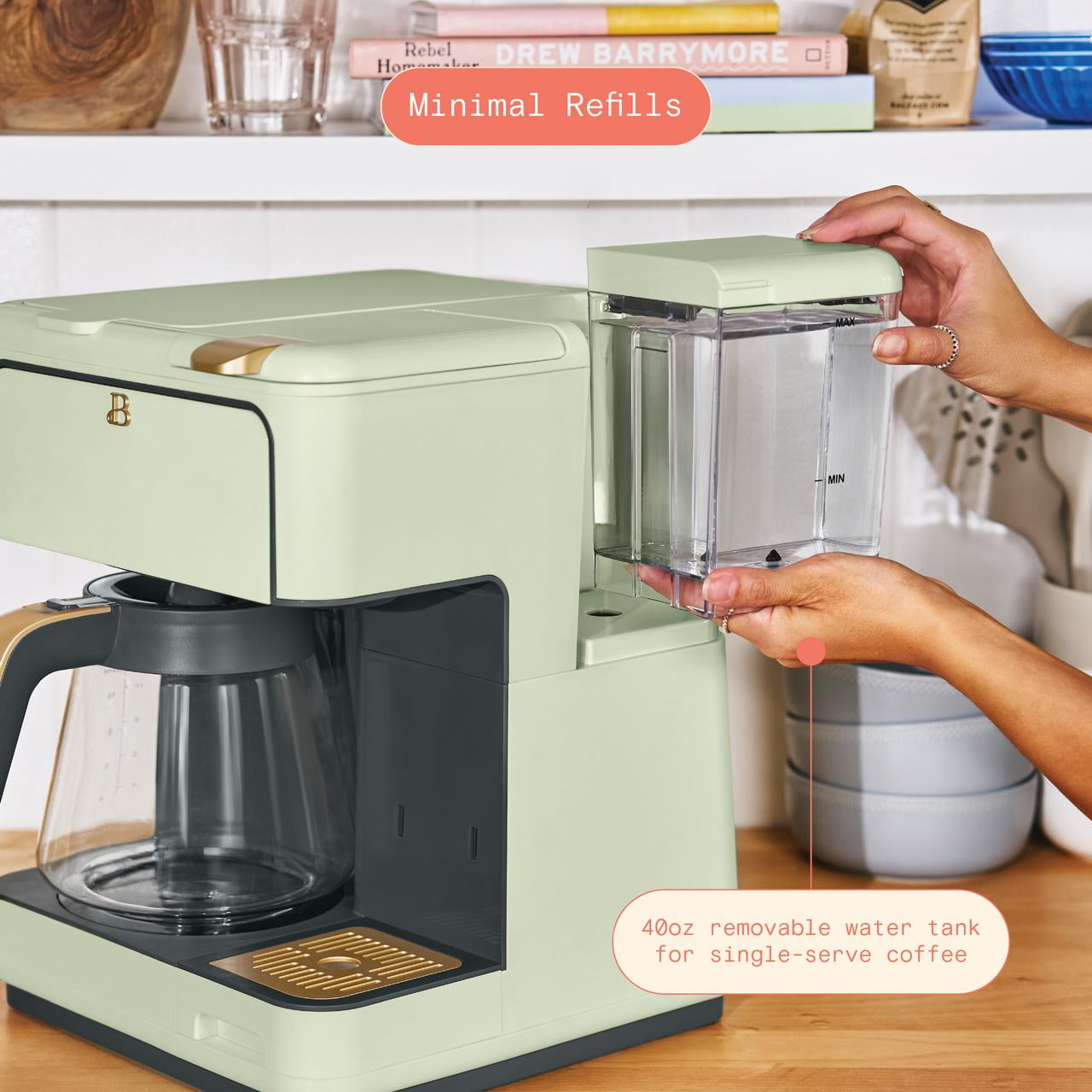 Beautiful Multi-Brew 12-Cup Programmable Drip & Single-Serve Coffee Maker, Sage Green by Drew Barrymore