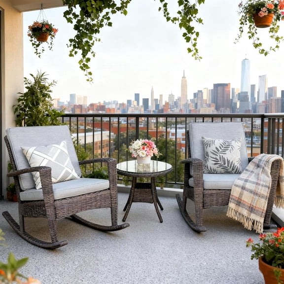 3 Pieces Outdoor Patio Furniture Set, Rocking Bistro Set ，Outdoor Half Round Wicker Conversation with Coffee Table for Garden Balcony Backyard Poolside (Grey wiker and Cushion)