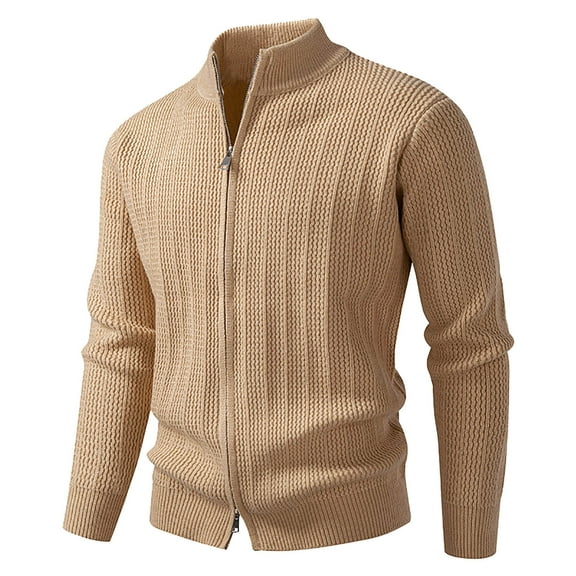 PiGOGI Men's Cardigan Sweater Stand Collar Full Zip Up Sweater Slim Fit Casual Knit for Winter Khaki XS