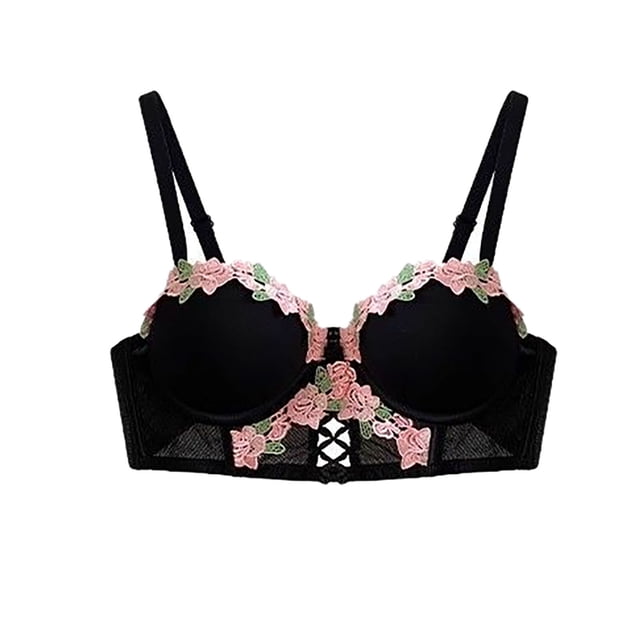 Brasieres de Mujer Tela de Mantequilla Lencería Estilo Pure Desire para Mujer, Sujetador Retro Fruncido Pequeño con Bordado de Flores Mediana