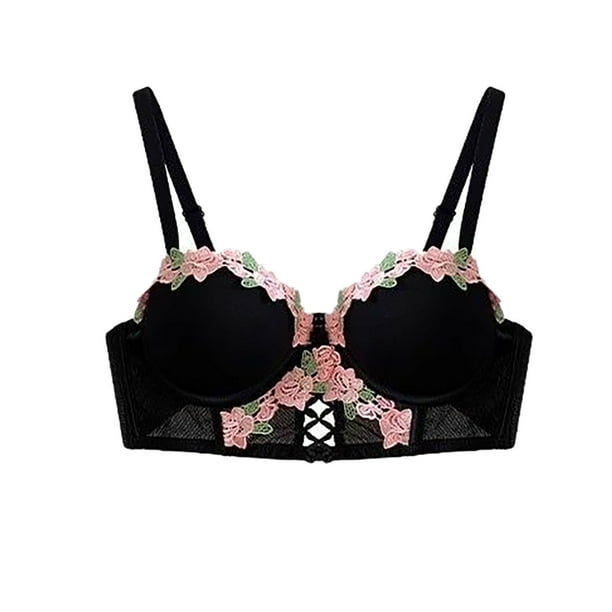 Brasier sin Varillas Mujer Tela de Mantequilla Lencería Estilo Pure Desire para Mujer, Sujetador Retro Fruncido Pequeño con Bordado de Flores Extra Grande