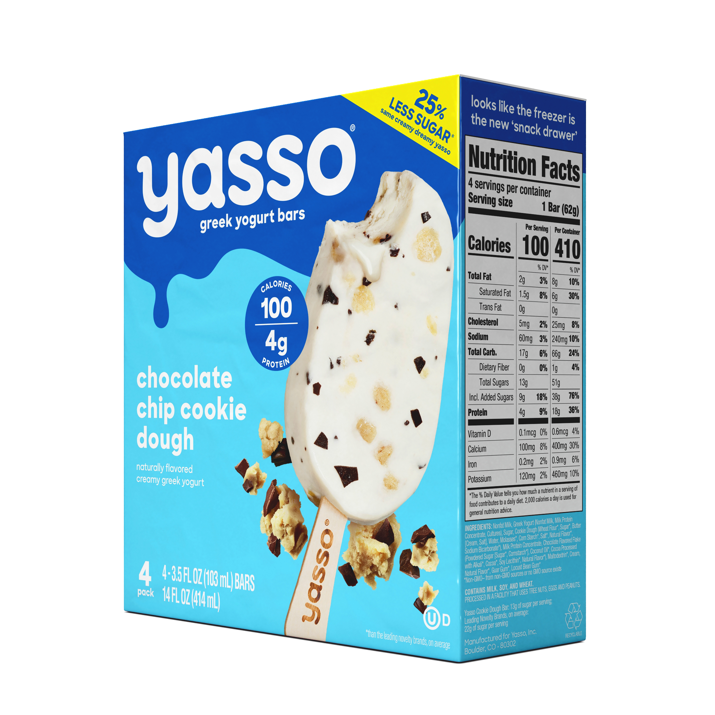 Yasso Frozen Greek Yogurt Chocolate Chip Cookie Dough Bars, 4 Count - image 4 of 7