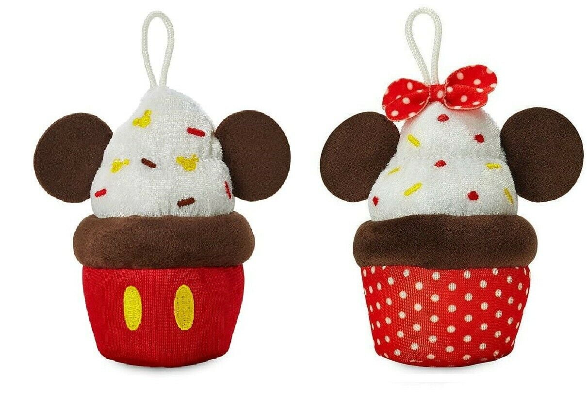 Mickey &amp; Minnie Mouse Cupcake Plush Christmas Ornament 2pc