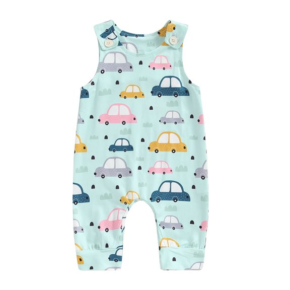 Aojekbee Infant Baby Boy Summer Tank Romper Cartoon Car Print Sleeveless Round Neck Full Length Bodysuit