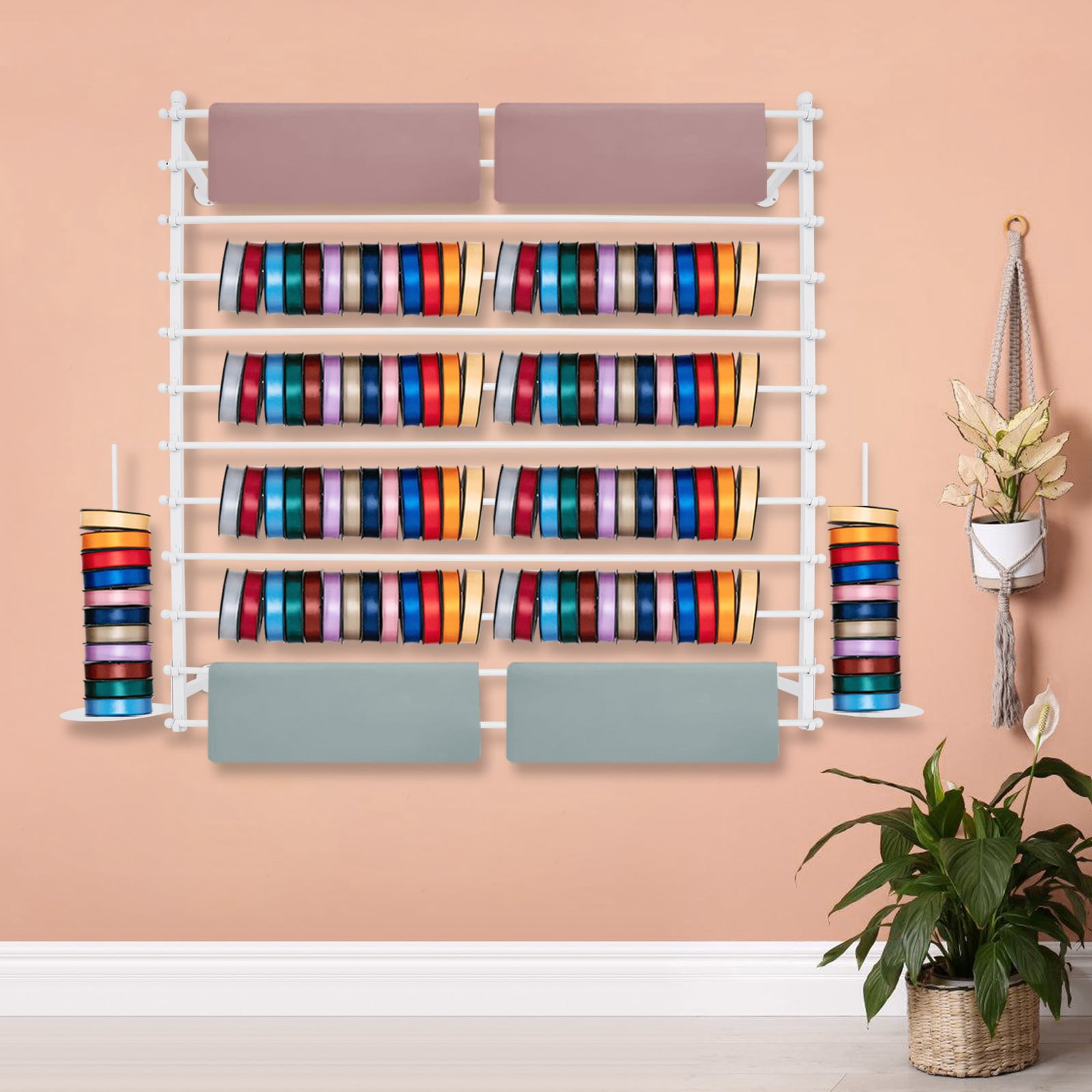 ToppiJoy 12 Rods Wall Mounted Ribbon Rack for Craft Room, Ribbon Organizer Wrapping Paper Rack for Craft Room, Cake Shop, Flower Shop White