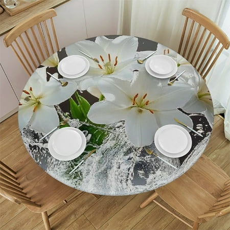 

Patifu White Flowers Round Tablecloth Stain-Resistant Washable Indoor Outdoor Restaurant Wedding Party Table Cloth Home Decor 46 -50
