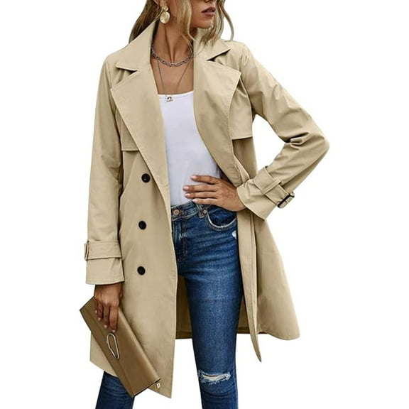 Ladies Trench Coat Double Breasted Long Coat Classic Autumn Spring Jacket Windproof Coat L