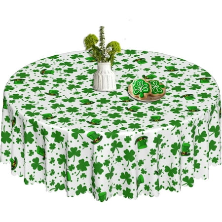 

St Patricks Day Round Tablecloth 60 Inch Shamrock Table Anti-Wrinkle Waterproof Wipeable Table Cover for Home Dining Room Festival Party
