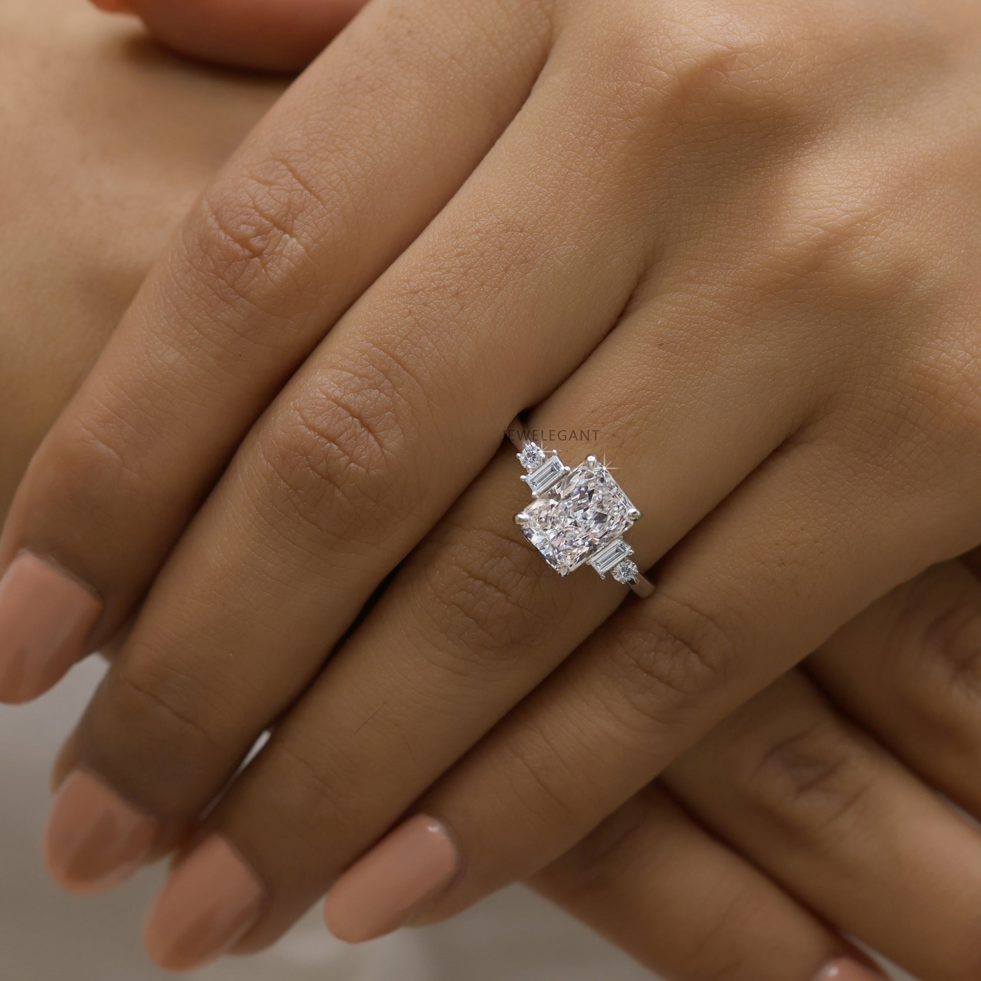 JEWELEGANT 2.5 Carat Radiant Cut Moissanite Engagement Ring, Five Stone Diamond Ring for Women