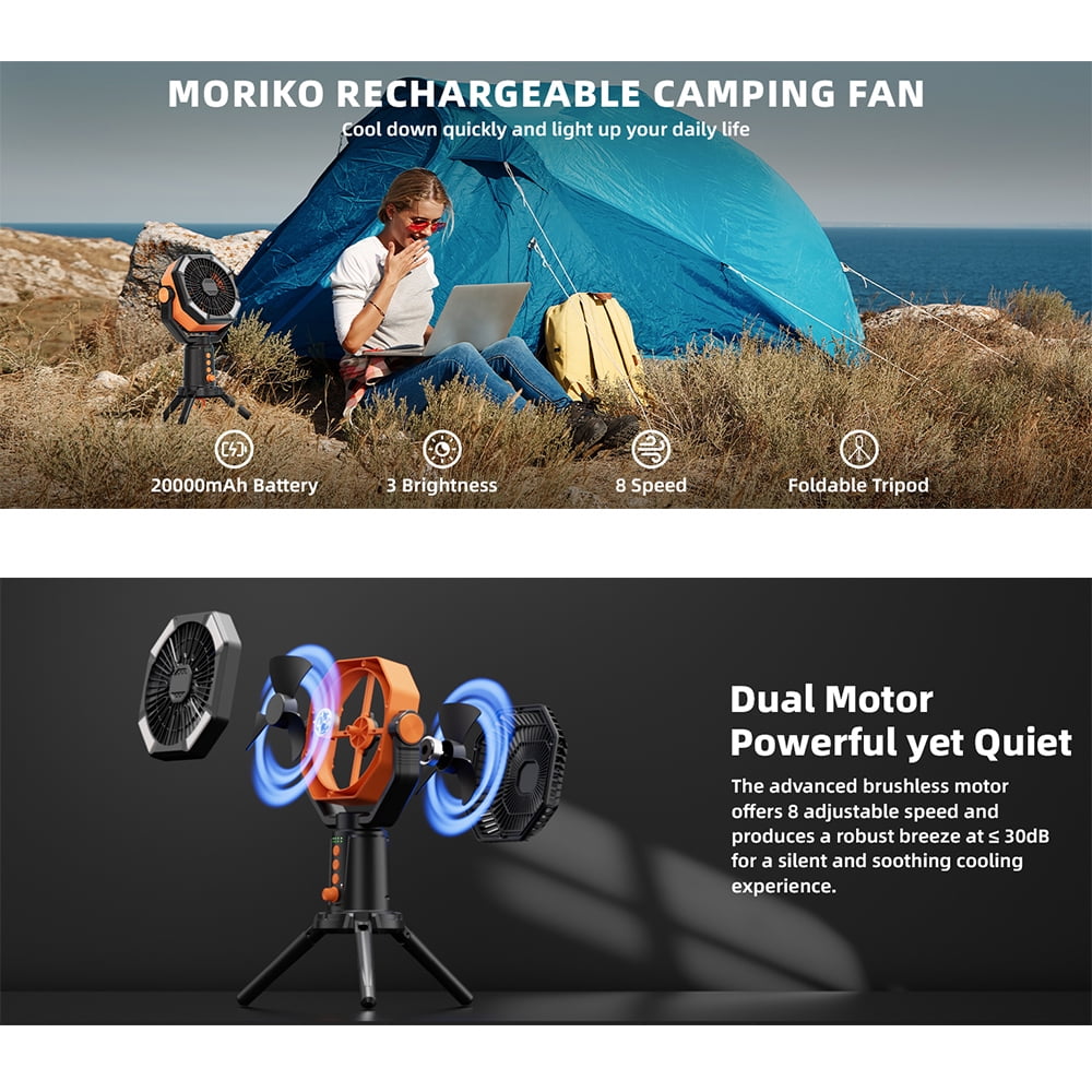 Table Fans Tripod, 20000mAh Rechargeable Battery Operated Portable Tent Fan with LED Lantern, Remote Control, Hook, 270° Pivot, Stepless Speed-Ideal for Camping, Picnic, Barbecue, Jobsite