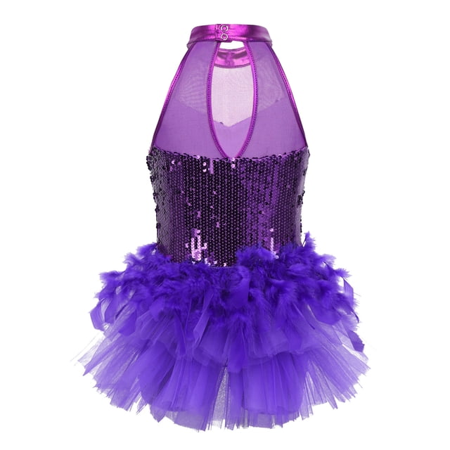 vastwit Robe de Danse Latine Jazz à Sequins pour Filles, Justaucorps, Costume de Performance, Violet 7