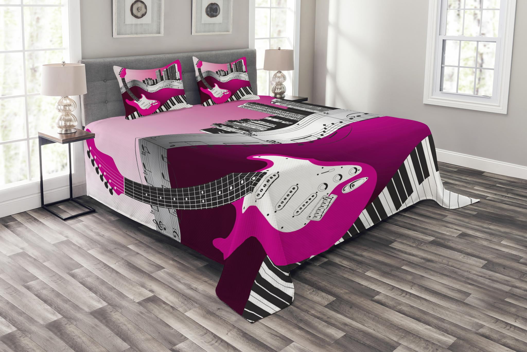 Music Bedspread Set King Size, Bass Guitar Keyboard Urban Rock Backdrop