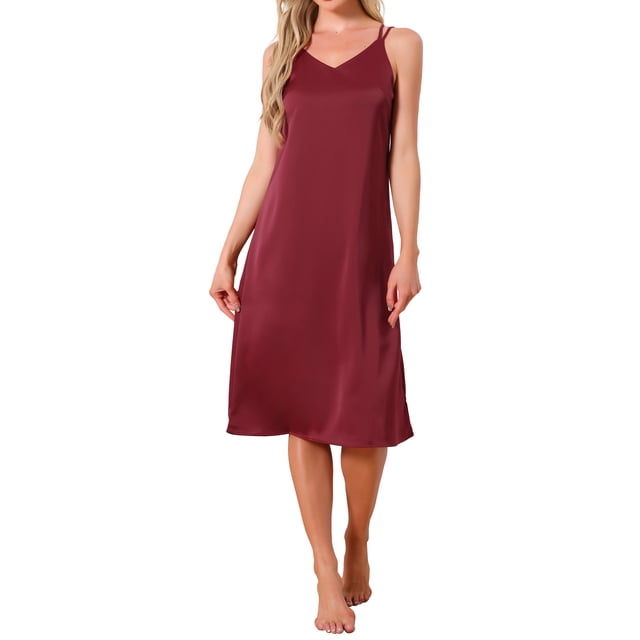 INSPIRE CHIC Vestido de dormir para mujeres de satén sin mangas con doble tirante de espagueti, espalda cruzada, sexy, escote en V, midi, bata de noche XL roja