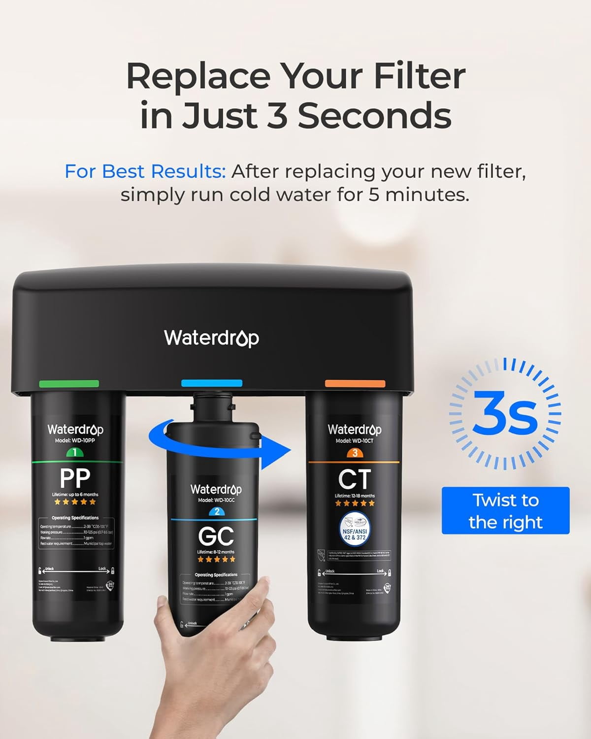 Waterdrop WD-10GC Under Sink Water Filter, Replacement for Waterdrop TSA & TSB & TSB cm 3-Stage Under Sink Water Filter System