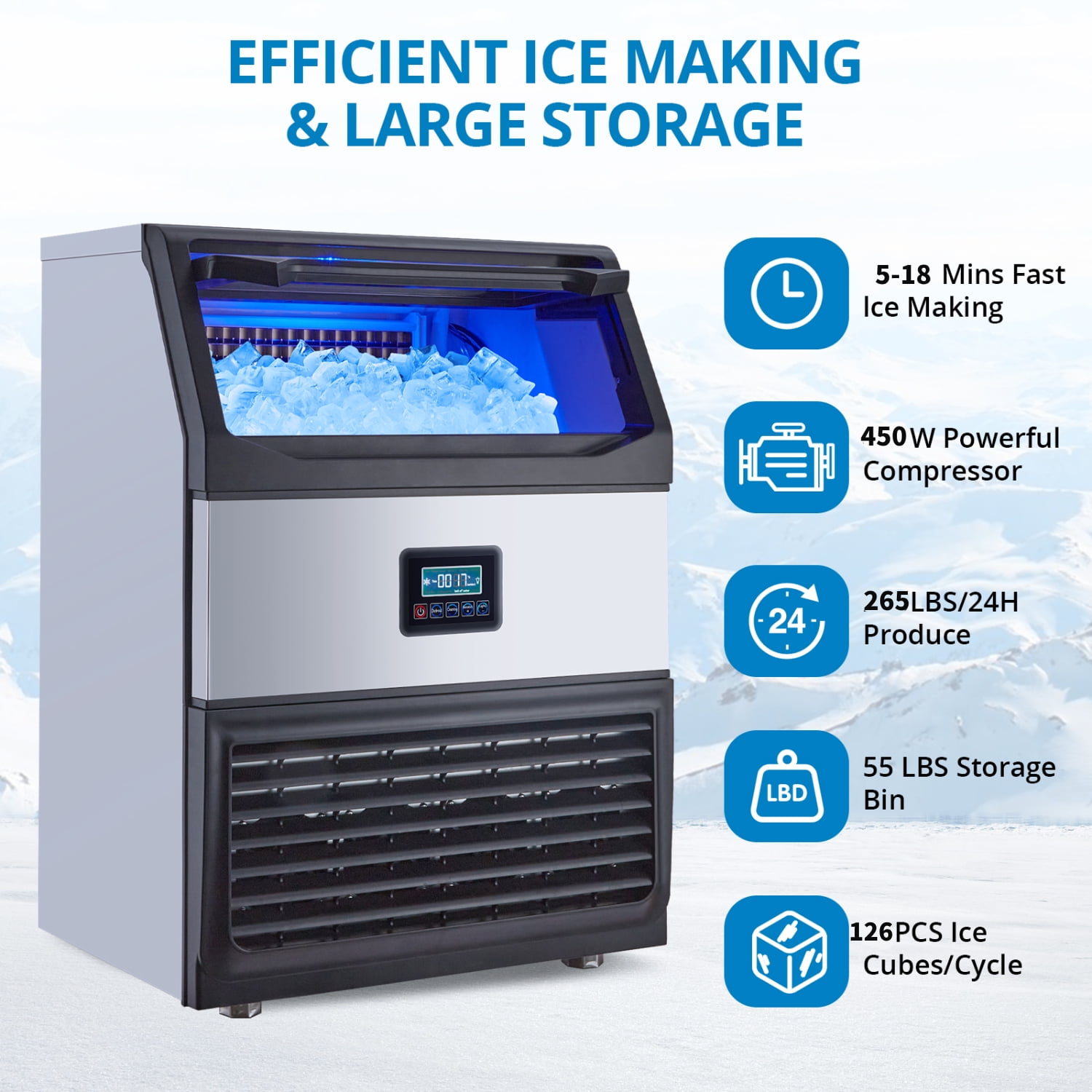Garvee Commercial Ice Maker Machine 265lbs/24H, Stainless Steel Under Counter Ice Maker with 55lbs Storage, Single Water Inlet, Efficient Ice Production, Silver & Black