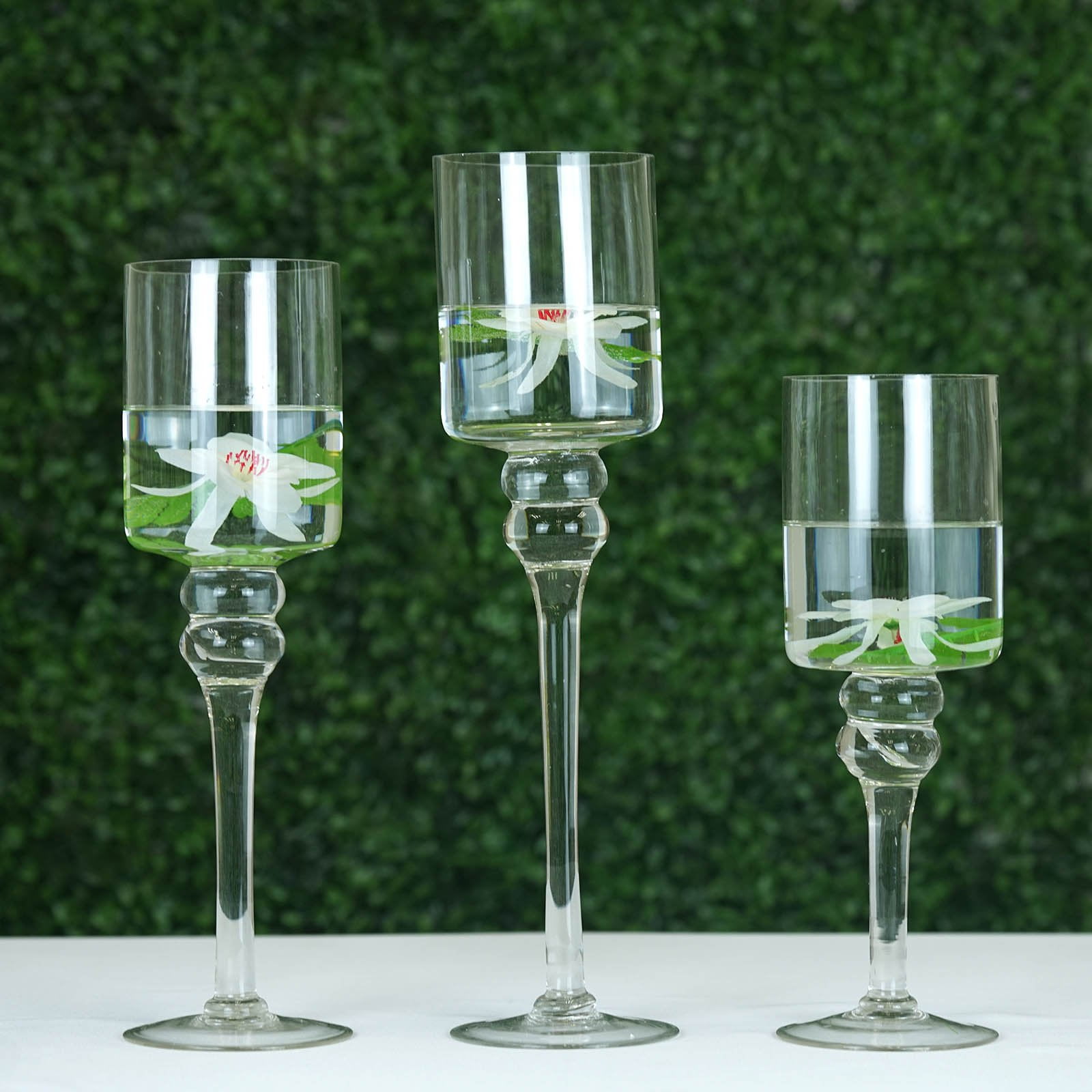 Set of 3 Clear Long Stem Cylinder Glass Vase Candle Holder Set