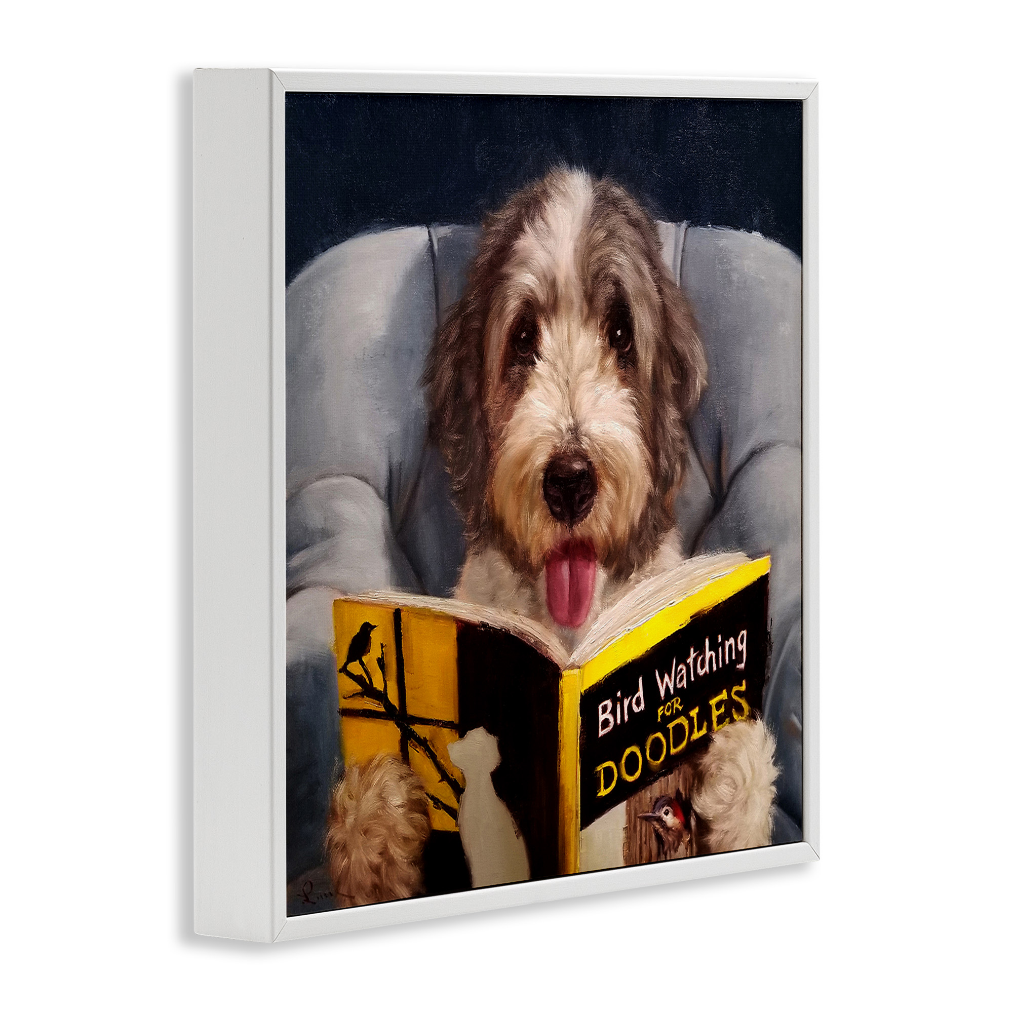 Stupell Industries Dog with Bird Watching Book Animals & Insects Painting White Framed Art Print Wall Art, 17 x 17