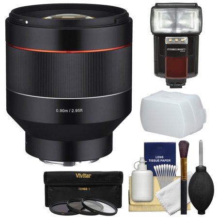 Camera Flash Lens Rokinon 85mm f/1.4 Autofocus Full Frame Lens (for Sony Alpha E-Mount FE Camera) with Flash + Cleaning Kit ()