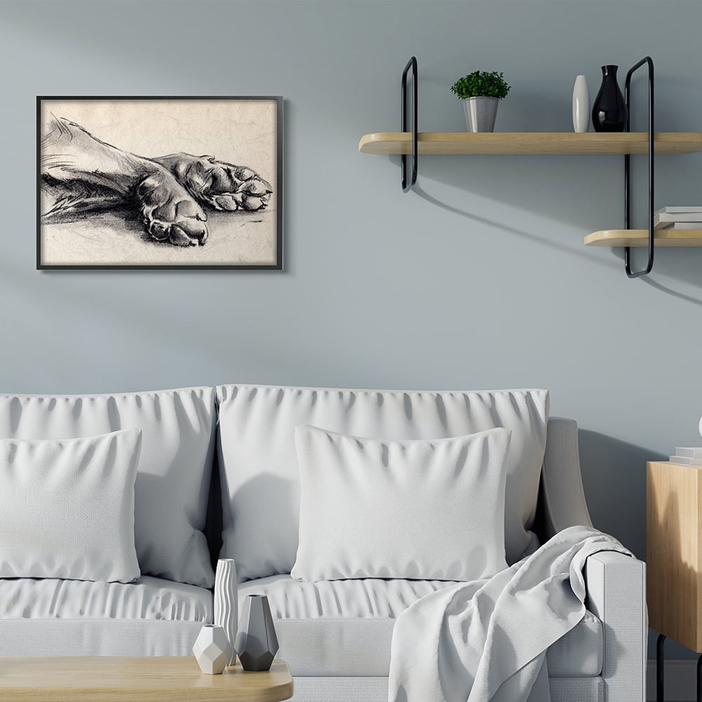 Stupell Industries Dog Paw Charcoal Design Minimal Tan Black Black Framed by Jennifer Paxton Parker