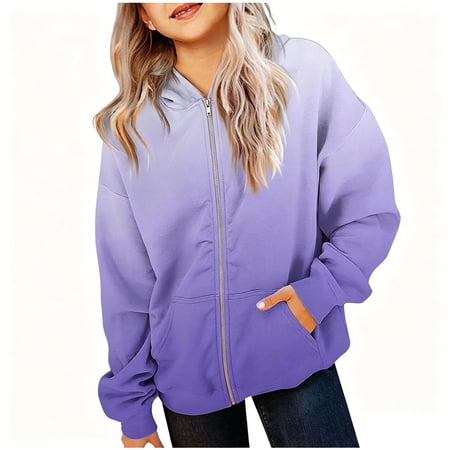 Grblisyd Girls Hooded Zip Up Jacket Casual Long Sleeve Gradient Hoodies Cute Oversized Pocket Sweatshirt Tops