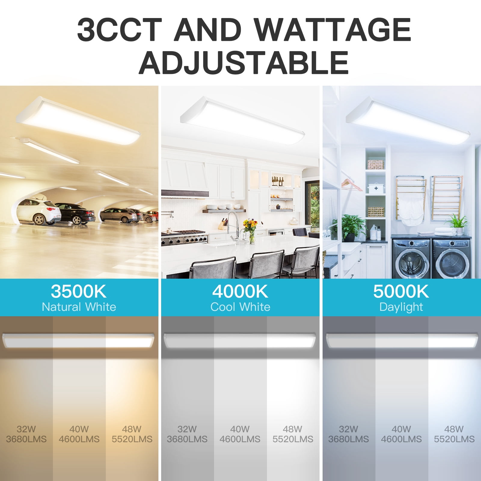 1 PK 4FT LED Wraparound Light,48 inch Garage Lights Ceiling, 54W, 6210LM, 3500/4000/5000K, 120-277V Commercial Electric 4FT Led Light Fixtures for Garage,Laundry Room,Warehouse,Closet,Shop,UL & DLC