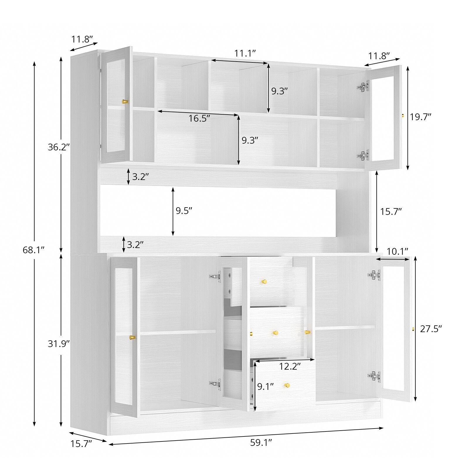 RichYa 59.1"W Large Kitchen Pantry Hutch Cabinet, Tall Coffee Bar Storage Cabinet with 6 Glass Doors, 3 Drawers & Microwave Shelf, Freestanding Cupboard with Large Countertop,White