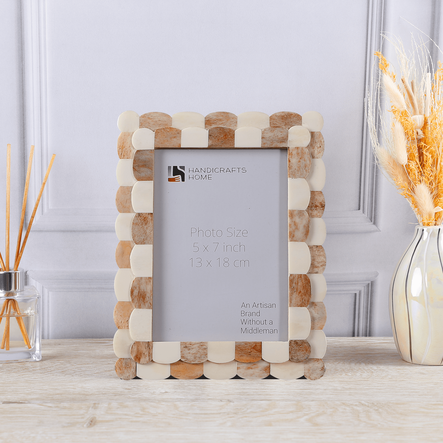 Handicrafts Home 5x7 Brown Picture Frame, Handmade Scallop pattern Bone inlay Photo Frame for Wall & Tabletop, Boho Farmhouse Vintage Home Decor, Gallery Wall Decor, Family Picture Frame Fall decor