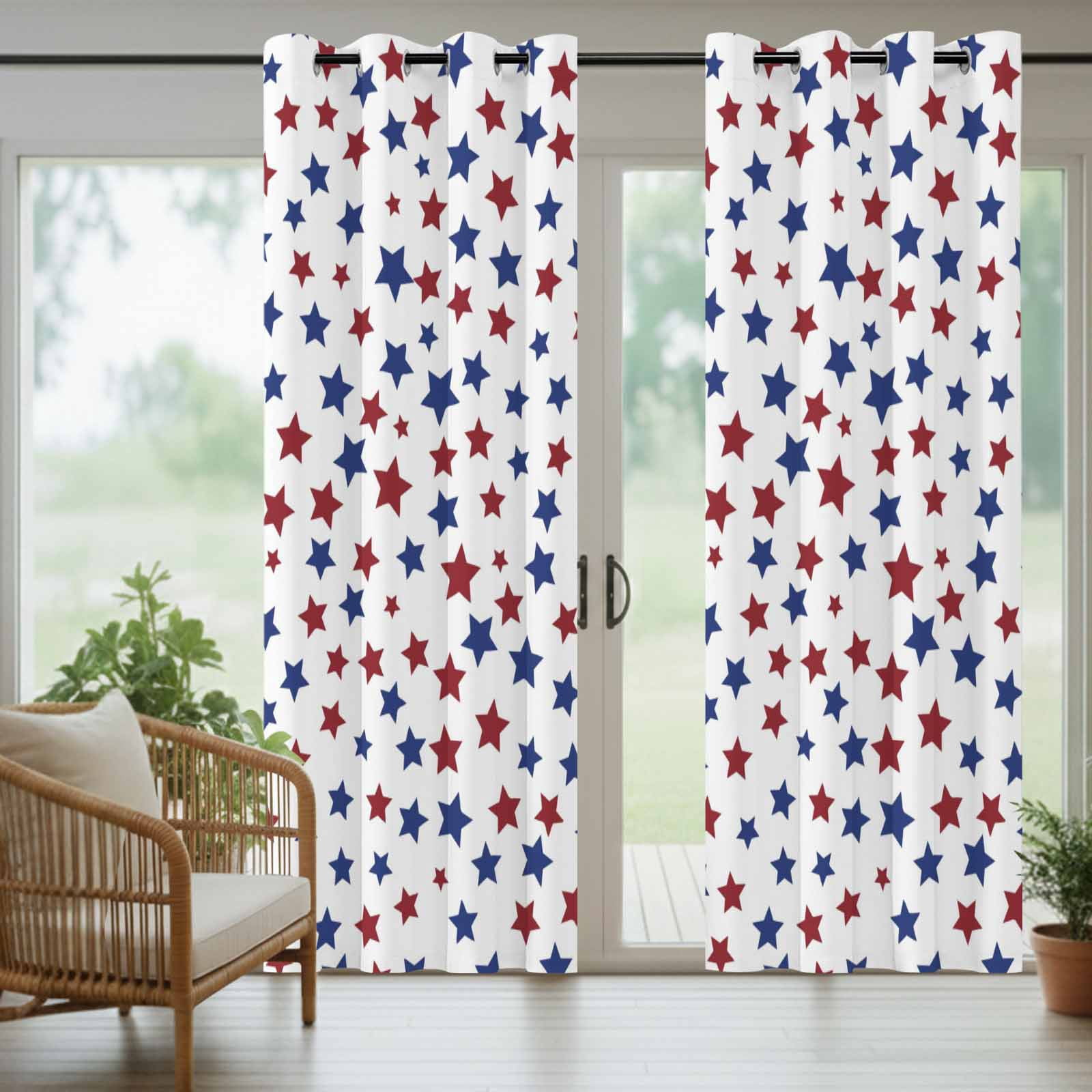 Red Blue Stars Outdoor Curtains for Patio, Independence Day Patriotic Five-pointed Star Sunshade Privacy Drapes Grommet Waterproof Outside Curtains for Porch/Cabana/Balcony 54"x 108", 1 Panel