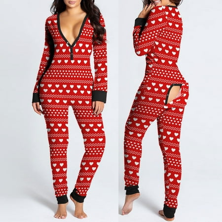 

Women S Pants Under $20 Women S Trends Print Jumpsuits Women S Casual Loose Printed Button-Down Front Functional Nightgowns Sexy V-Neck Long Sleeve Jumpsuiuts Homewear Red Xxxxl