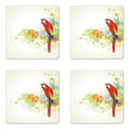 thumbnail image 1 of Parrot Coaster Set of 4, Summer Background with Floral Ornaments and Wise Smart Parrot on Tree Branch, Square Hardboard Gloss Coasters, Standard Size, Cream Red Green, by Ambesonne, 1 of 2