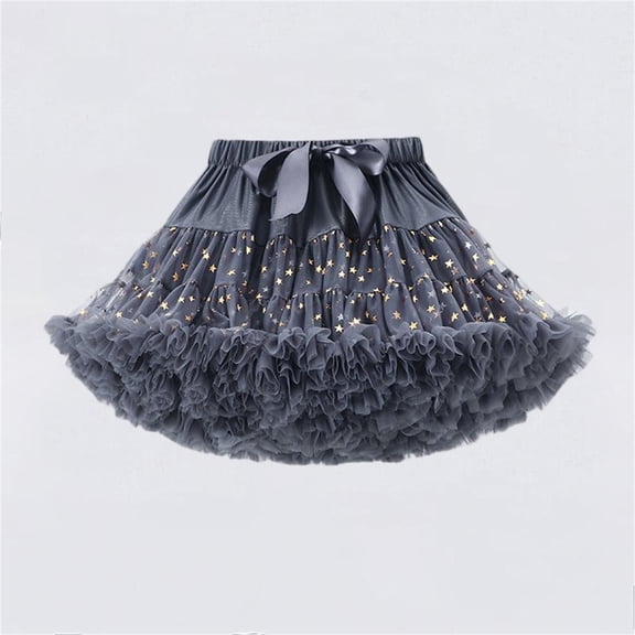 DAETIROS Gray Girls Tutu Skirt Fluffy Star Print Princess Party Skirt for Birthday Twirl Casual Dress Up Dance Photo Shoot Adjustable Waist Bow,Size M
