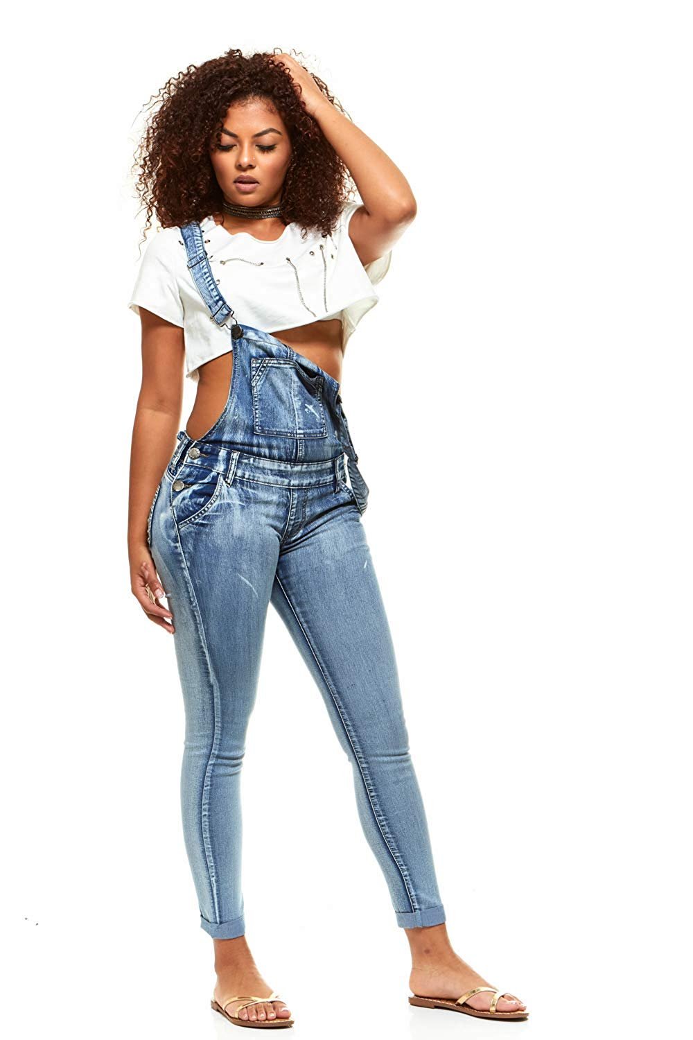 Cover Girl Denim Overall Jeans for Women Bib Strap Skinny Fit Junior Size 1 Varsity Blue Wash - image 5 of 10