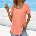 thumbnail image 2 of CIENVNSTG Square Neck Pleated T-Shirts for Women Solid Color Short Sleeve Tunic Casual Summer Tee Tops Fashion Clothing for Daily Outings Leisure Time and Beach Activities Pink 3XL, 2 of 5
