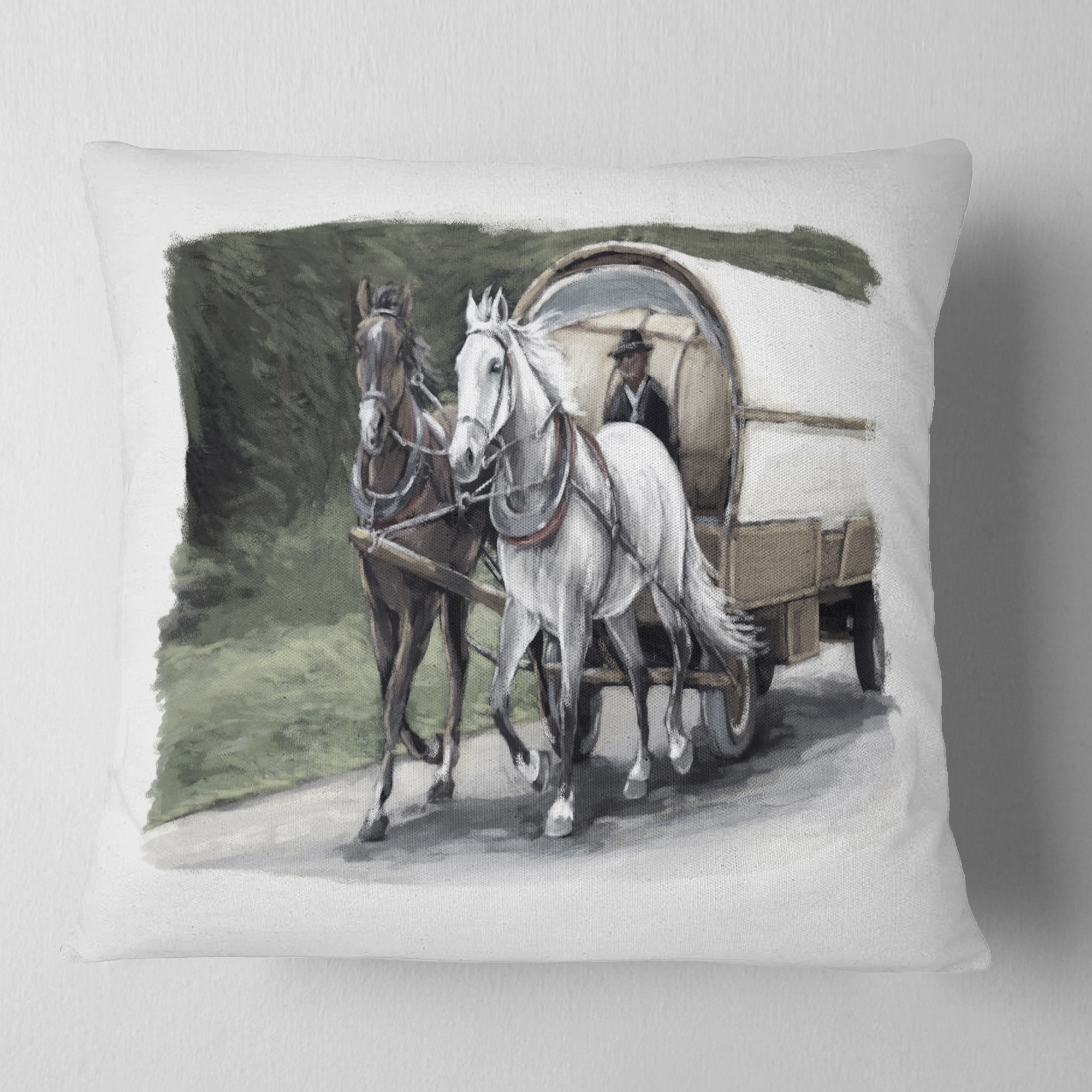 Designart Horse Cart Black and White - Animal Painting Throw Pillow - 16x16