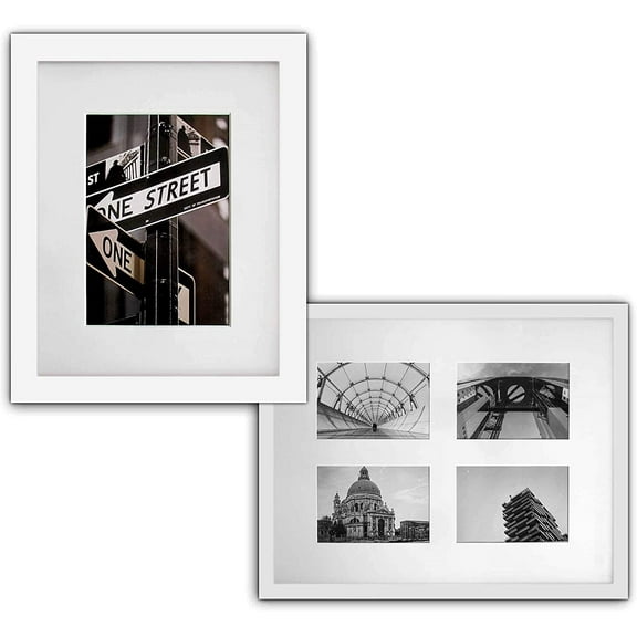 The Display Guys~ 2 Sets 16x20 Inches White Picture Frame Made of Solid Pine Wood ,Tempered Glass, Luxury Made Affordable, with White Core Mat Board for 11x14 Photo   Collage Mat for 4-5x7 picture