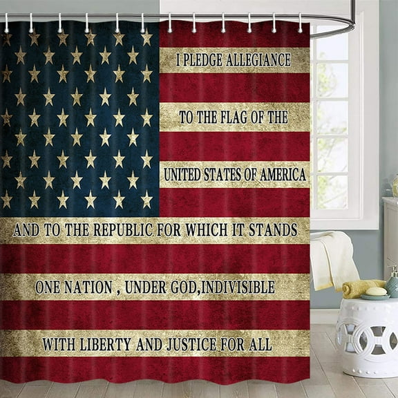 American Flag Shower Curtain, Patriotic Shower Curtain Independence Day Shower Curtain Vintage USA Flag, 4th July Independence Day Waterproof Bathroom Curtains, Rustic Red Blue White, 70X70 Inch