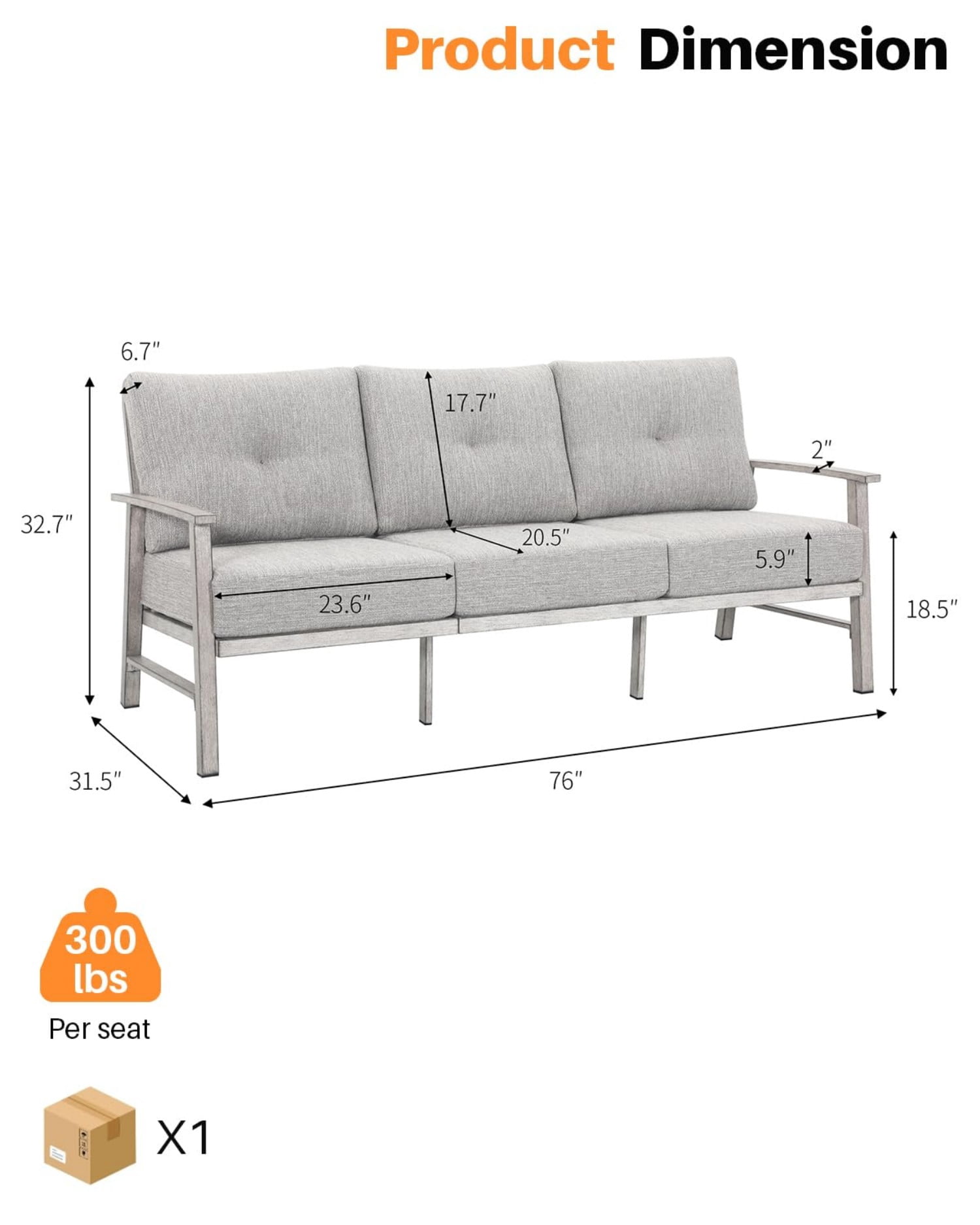 3-Seater Outdoor Patio Sofa, Aluminum Outdoor Couch with 5.9" Thick Cushions, All-Weather Patio Furniture Sofa for Backyard, Balcony, Poolside, Lawn, Silver Gray