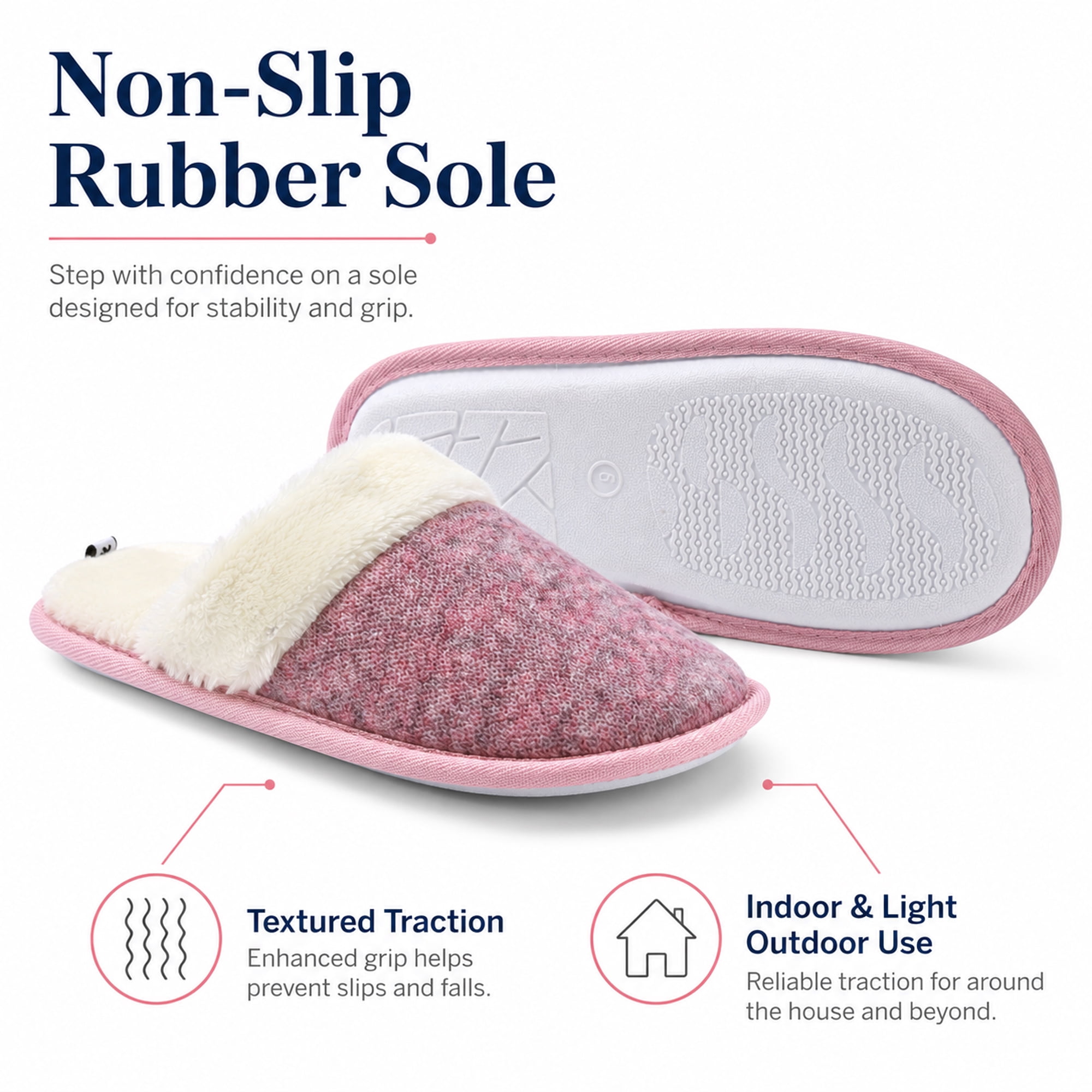 Women’s Warm Knit House Slippers with Faux Fur Lining and Non-Slip Rubber Sole, Indoor Outdoor