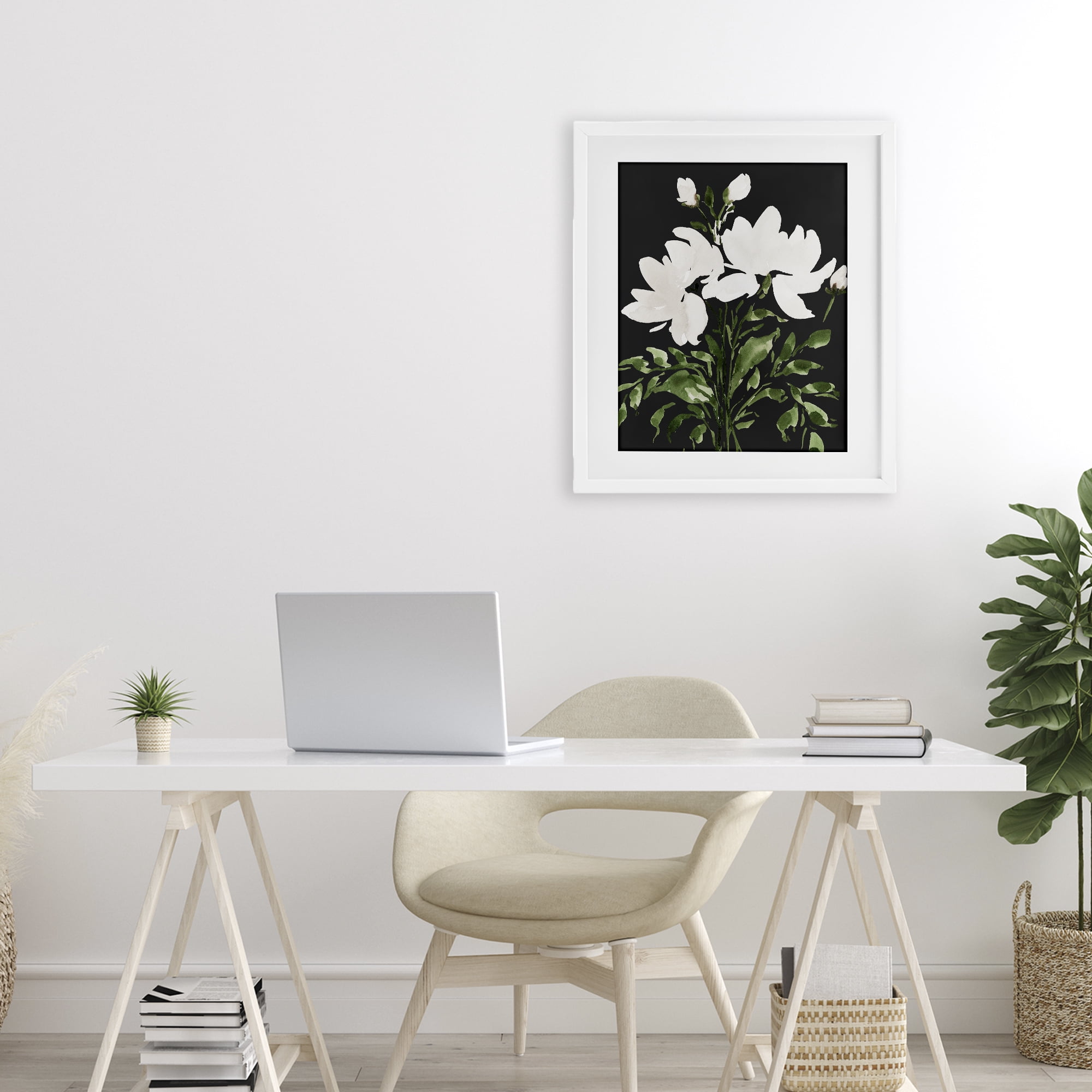 Stupell Industries White On Black Floral White Framed Print Under Glass, design by Lucille Price