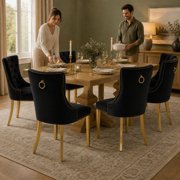 ODUSE-DAILY Black Velvet Dining Chairs Set of 6, Kitchen & Dining Room Chairs, Nailheads Tufted, Sillas De Comedor, Fabric Upholstered, Golden Metal Legs (Black, 6 Pcs)